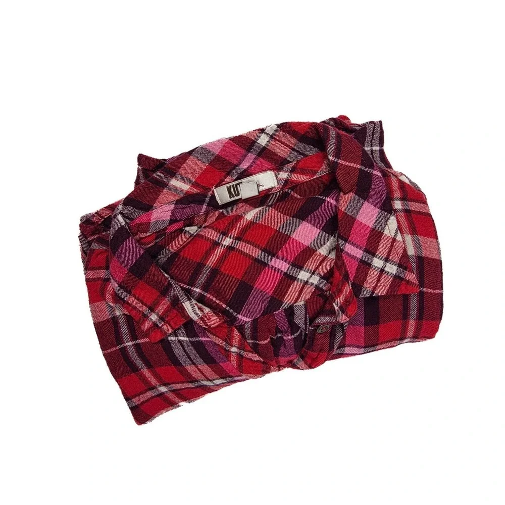 Kut From The Kloth Red White Plaid Long-Sleeve Button Up Shirt Women's Size S - Picture 4 of 6